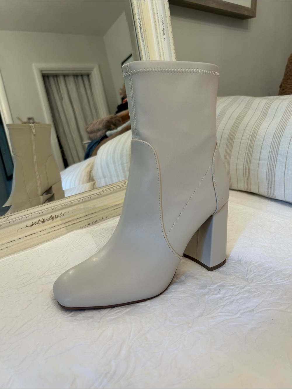 Women's Off White Block Heel Ankle Bootie